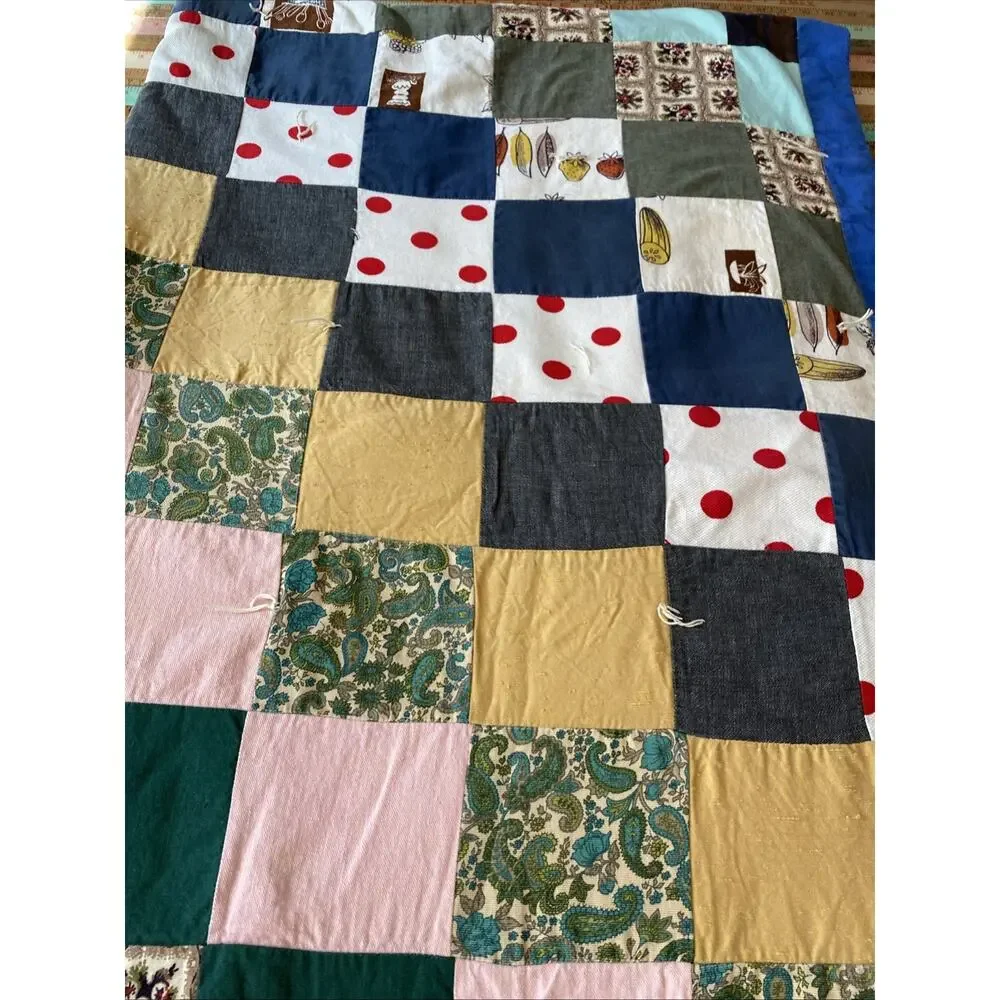 VINTAGE Handmade Patchwork Quilt Blanket Boho Hippie Cottage 70X 50 READ Flaw